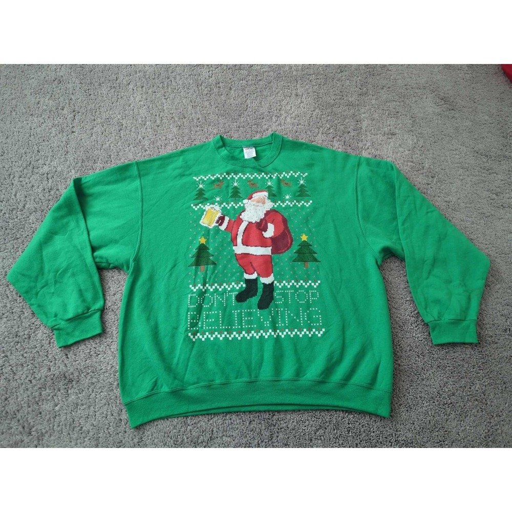 Jerzees Sweater Mens 2XL Don't Stop Believing Santa Claus‎ Beer Mug Christmas